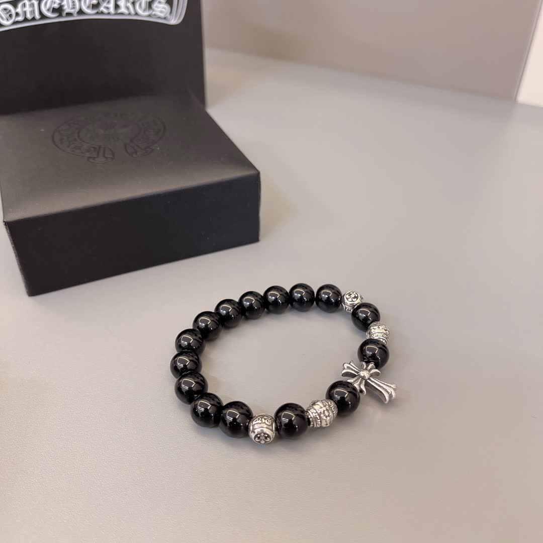Chrome Hearts Black Bead Bracelet with Cross